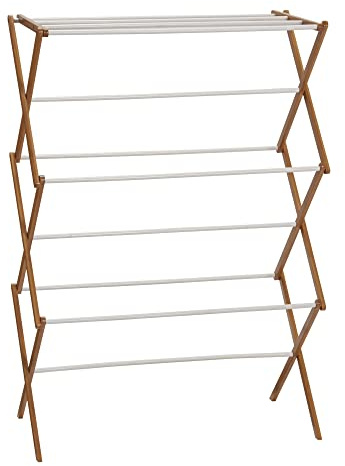 Household Essentials Bamboo Folding Clothes Drying Rack | White Finish, 11 Dowels & Flat Drying Shelf | Eco-Friendly, Collapsible Laundry Rack for Dorms, Apartments & Small Spaces | Fully Assembled