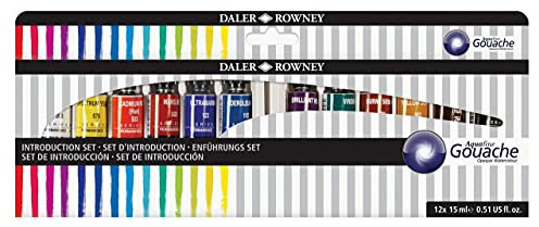 Daler Rowney Aquafine Gouachefarbe Einführungsset mit 12 Farben x 15 ml Tuben, ideal für Anfänger Künstler, Farbe auf Wasserbasis für Leinwand und Papier, Deckende Aquarellfarben