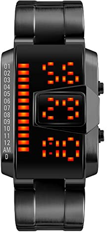 TONSHEN Binario Digitale Orologi da Polso 50M Impermeabile LED Elettronico Display Acciaio Inossidabile Orologio (Nero)