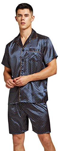 Sanraflic Men's Short Sleeve Satin Pyjama Set with Shorts (Blue Golden, Medium)