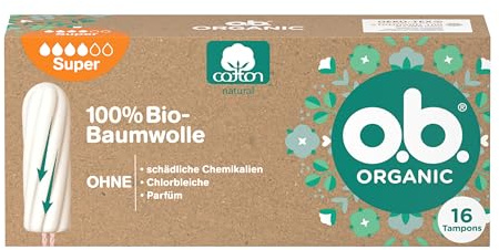 o.b. Organic Super (16 unidades), tampones orgánicos para días fuertes hechos de 100% algodón orgánico con ranuras curvadas para una protección fiable y natural
