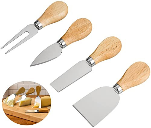 4 Pack -Käsemesser Set Edelstahl Käse Messer Käse Gabel Käseschaufel Käse Gabel Exquisite Käsemesser Geschenkset mit Eichengriff für Partys und Picknicks