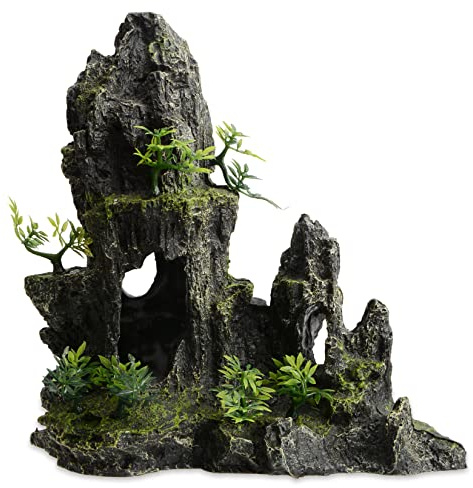Saim Large and Tall Aquarium Mountain View Stone Decorations, Resin Rocks Aquascaping Cave Ornaments with Plants Fish Tank Accessories Betta Hideout Caves Rockery Landscape 11Inches High