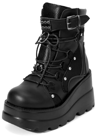 NIGXWNS Women Wedge Ankle Boots Lace-Up Zip Round Toe High Heels Goth Combat Booties Chunky Heel Platform Motorcycle Boots