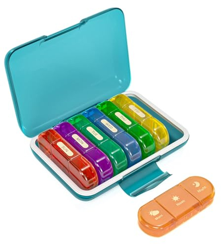 Joinice Pastillero Semanal 3 Tomas, Organizador de Pastillas 7 Días con Cajas Diarias Morn/Noon/Night, Pastilleros Semanales para Medicamentos, Vitaminas y Suplementos (3x7 Azul + Multicolor)