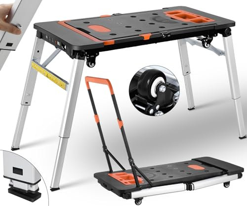 TLGREEN 7en1 Banco de Trabajo Plegable,Mesa de Trabajo,Plataforma de Trabajo Altura Ajustable,Superficie de Trabajo con Marcas de Ángulo,Banco de Carpintero,Carro Transporte,4 pcs Rueda