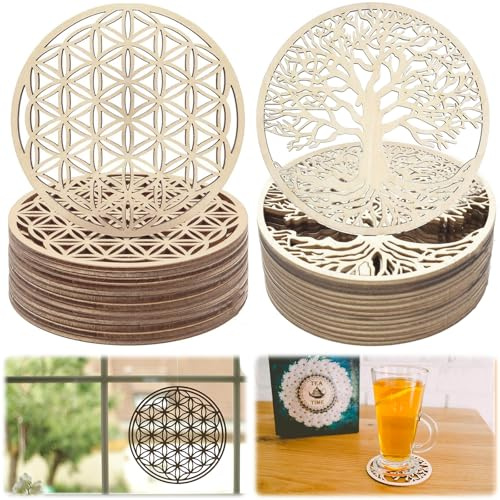 XSHAO® livets blomma underlägg/livets träd underlägg, teunderlägg av trä 20 stycken 10 x 10 cm för meditation/hem/dekoration/matsal