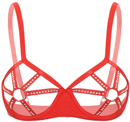 ranrann Femme Soutien-Gorge Ouvert Sein Nu Armature Balconette Bra Strass Brillant Push Up Top Lingerie Sexy S-5XL Rouge XXL