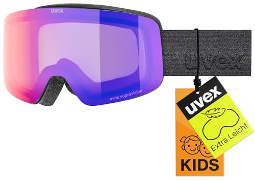 uvex pwdr FM - stylische, verspiegelte Skibrille mit weitem Sichtfeld und Anti-Fog-Beschichtung mit ausgewachsenen Features für Kinder - black matt/ruby-clear - one size