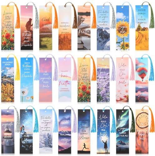 Sinmoe 24 Pezzi Segnalibri con Frasi Motivazionali in Italiano Segnalibro Ispiratore con Nappa Segnalibri di Carta Colorati Regalo Grazie per Colleghi Natale Compleanno Ringraziamento(Paesaggio)