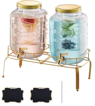 VEVOR Distributeur de Boissons Capacité de 8 L 2PCs, Fontaine à Eau en Verre, Distribution d’Eau Jus Limonade Thé Glacé, avec Support en Métal, Robinet et Infuseur, pour Restaurant Café Hôtel Fête
