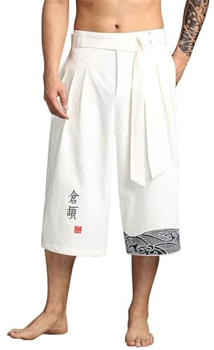 Chanpning Pantalon Japonais Homme Pantalon Court Taro pour Hommes en Lin Vêtements Traditionnels Japonais avec Cordon de Serrage Pantacourt
