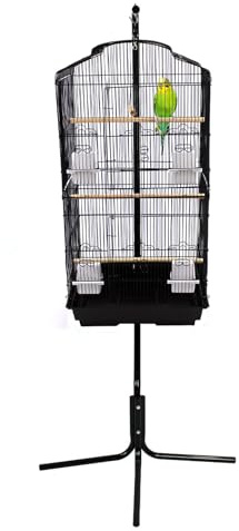 Actiaspet Large Metal Bird Cage with Swing Stand, Freestanding Steel Interior Birdcage with Easy Access Cleaning Tray (Black)