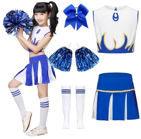 XFOZDM Disfraz de animadora para niños y niñas, disfraz de carnaval, con pinzas para el pelo, pompones y calcetines, uniforme para carnaval, Halloween, cosplay, azul-140