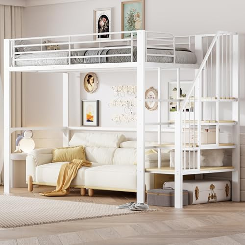 Merax Lit mezzanine 90x200 cm en métal avec échelle et espace de rangement sous le lit, lit simple peu encombrant pour enfants et adultes, lit métallique au design moderne, Blanc (sans matelas)