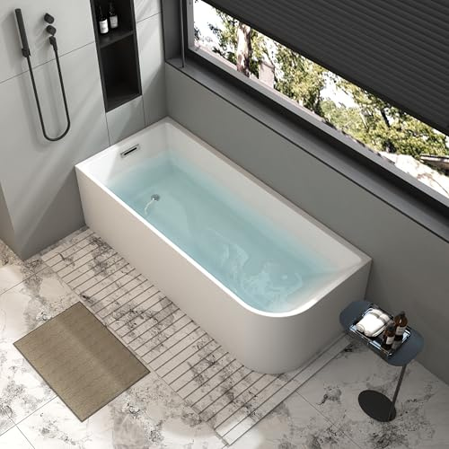 WHALEKING Modern Freestanding Soaking Bathtub, 59x28.75 inch Corner Bathtub Left Drain, Stand Alone Acrylic Tubs with Left Hand Drain & Overflow, Glossy White,Sapce Saving