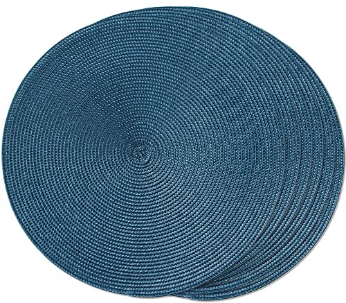 FunWheat Round Braided Placemats Set of 6 Table Mats for Dining Tables Woven Washable Non-Slip Place mats 15 in(Blue, 6pcs)