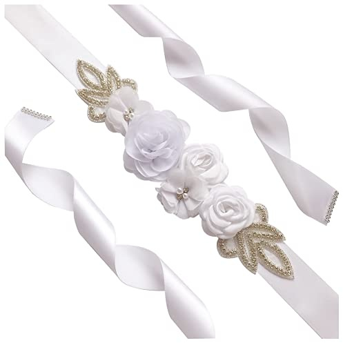 SHTGOI Cinturón de mujer con perlas de estrás para novia, con flores, cinta de raso, para boda, cinturón de novia, dama de honor, faja, rosa, vestido de novia, accesorio para vestido, 270 cm, color