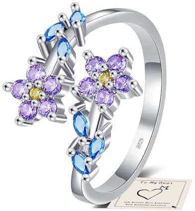 YOEE Silver Thumb Rings - Flowers & Adjustable Cubic Zirconia Sterling Silver Thumb Rings for Girls & Women