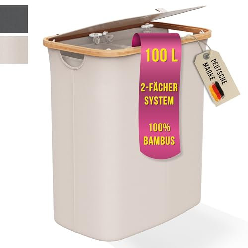 Wäschekorb 100L Faltbar mit Deckel und 2 Fächern – Wäschesammler Bambus-Stoff Beige – Wäschebox, Wäschetruhe, Wäschebehälter, Wäschetrenner für Bad, Schlafzimmer & Waschküche