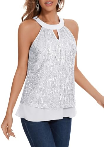 DRESSTELLS Sequin Top for Women UK Halter Neck Vest Ladies Tops Night Out Summer Tank Top Sexy Sparkly Glitter Camisole Beach Party Clubbing Sleeveless Shirts Silver L