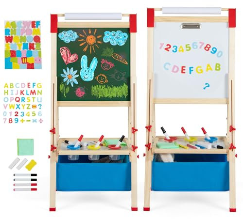 HOMASIS Cavalletto per bambini a doppia faccia, lavagna per bambini regolabile in altezza, con lavagna a gesso e carta da disegno, per bambini da 3 a 8 anni con borsa per riporre 44 x 40 x 102-126 cm