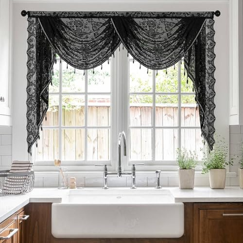 vctops Cantonnières en dentelle et perles pour fenêtres - Motif floral vintage - Pour cuisine, salon, chambre à coucher, salle de bain, café (noir, 150 x 104 cm)
