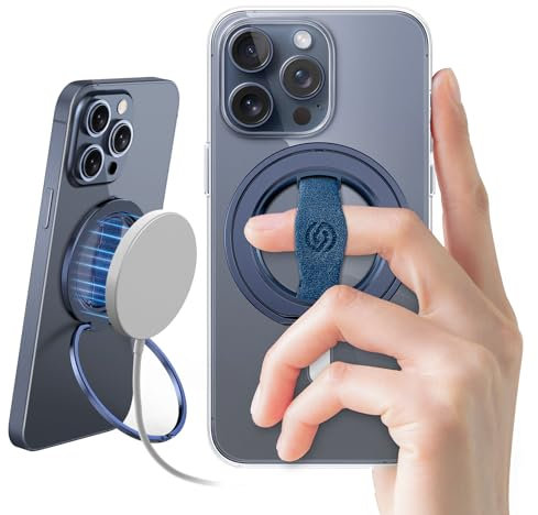 EWA MagOne 3rd Gen [Compatible con MagSafe] Soporte de Agarre para móvil con Bucle elástico para los Dedos, Anillo magnético extraíble, Solo para iPhone 16, 15, 14, 13 Pro/MAX-Azul