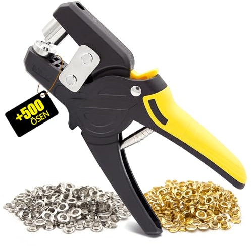 xiaozhifu Ösenzange Set mit 500 Ösen (Ø 10mm), Magnetische Ösenpresse aus gehärtetem Stahl, Ösenzange für Planen, Stoffe Sonnensegeln und DIY (Gelb)