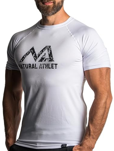Natural Athlet Slim-Fit Fitness Tshirt für Herren – Enges & langes schnelltrocknendes Männer Kurzarm Gym T-Shirt – für Sport, Gym, Fitnessstudio, Workout, Bodybuilding und Krafttraining – Weiß