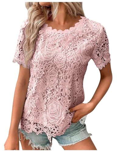 Spetstopp för kvinnor, hals, korta ärmar, sommarmode, lös, ledig t-shirt med spets för dam