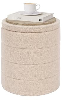 PINPLUS Puff con Almacenaje, Redondo Taburete Baúl Plegable con Tapa Reversible, 37x37x45 cm para Salón, Dormitorio y Pasillo, Beige