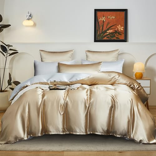 YASMENG Ropa de cama de satén de 220 x 240 cm, reversible, color beige, dorado y blanco, funda nórdica de seda lisa y brillante, suave, sedosa, ropa de cama de 3 piezas con cremallera y 2 fundas de