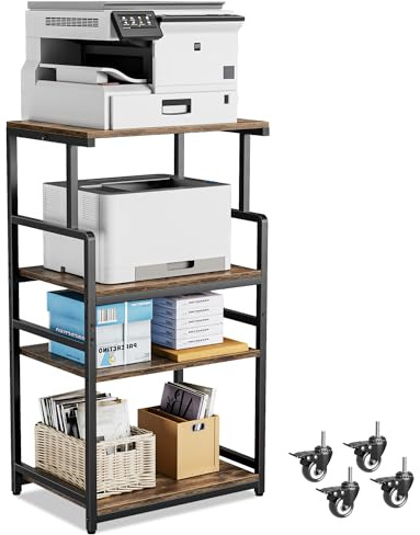 Aquzee Druckertisch, 4-stöckiger Groß Druckerständer, 50D x 70W × 125H cm, Büro Druckerwagen mit Rollen, Höhenverstellbares Bewegbares Druckerregal Holz, Rollcontainer Druckerregal für Großen Drucker