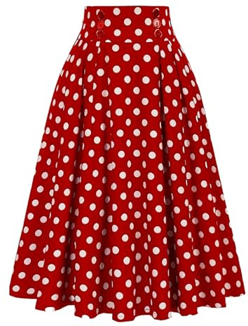 Gonna midi da donna a pois, stile vintage anni '50, gonna a pieghe in vita elasticizzata, rockabilly, elegante gonna per feste di carnevale, Halloween, carnevale e feste