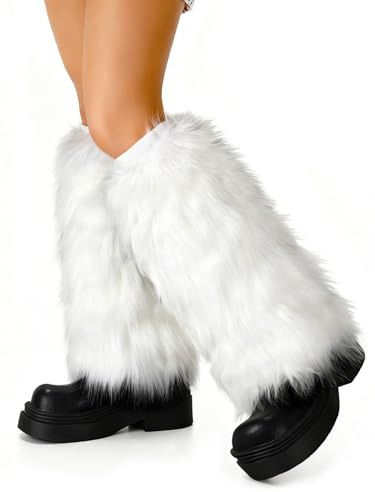Ibeauti Womens Furry Leg Warmers Super Soft Rainbow Boots Shoes Cuffs Covers (Medium: Length: 15.4, White)