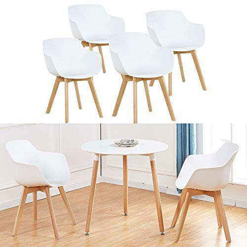 H.J WeDoo 4er Set Wohnzimmerstuhl Esszimmerstuhl mit Armlehne und Buchenholz Retro Design Stuhl für Büro Lounge Küche Wohnzimmer (Weiß) SGS-GeprüFt