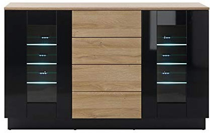 Sideboard Ruby Schwarz Hochglanz Grandson Oak hell Dekor 136x85x43cm Board Wohnzimmer Wohnzimmerschrank Wohnzimmermöbel Stauraumelement Stauraum Größe mit Beleuchtung