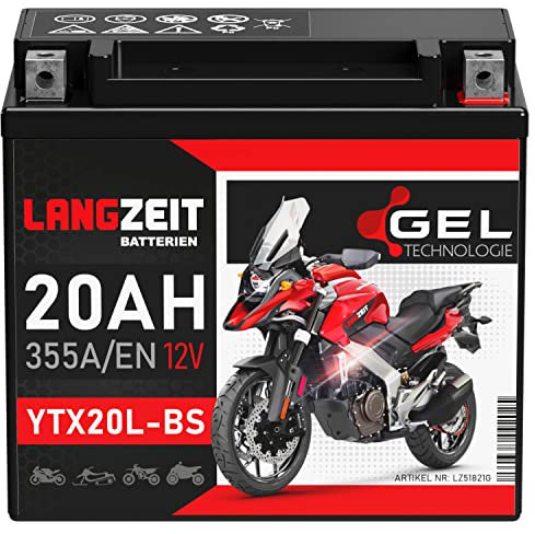 LANGZEIT YTX20L-BS GEL Motorradbatterie 12V 20Ah 355A/EN GEL Batterie 12V 51821 GTX20L-BS CTX20L-BS doppelte Lebensdauer vorgeladen auslaufsicher wartungsfrei