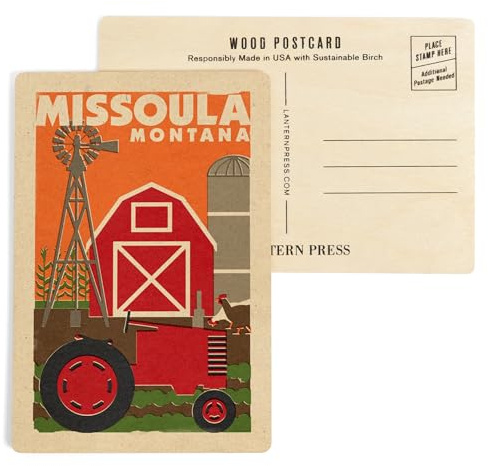 Missoula, Montana, Country Woodblock (4x6 Birch Wood Postcards, 2-Pack Stationary, Rustic Home Wall Decor)