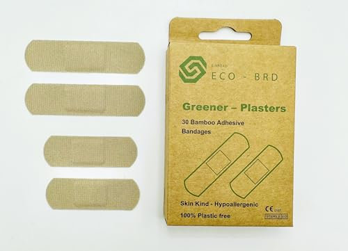 Greener Plasters 100% Plastic Free - Bamboo Hypoallergenic Latex Free Medical Plasters - Mixed Box of 30-20 x 72x19mm & 10 x 56x19mm - Zero Waste and Ocean Safe