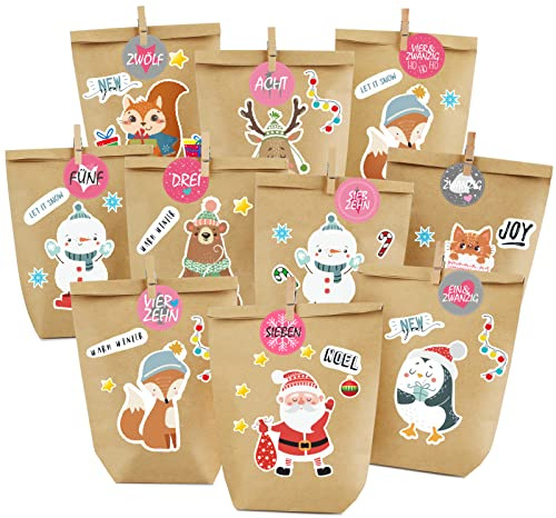 Adventskalender zum Befüllen, 24 Adventstüten zum Basteln, Weihnachtskalender zum selber befüllen, Bedruckt Weihnachtstüten mit Zahlenaufkleber zum Selbstbefüllen (Rosa)