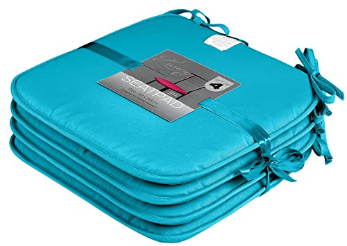 GC GAVENO CAVAILIA Pack of 4 Chair Pads Office Garden Chair 38X38 Cm | Indoor Outdoor, Removable Cover Square Seat Pads For Dining Chairs Patio Kitchen Cushion With Ties, Teal