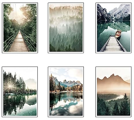 Set med 6 bilder bas trä, modern vardagsrumsdekoration, sovrum, rum, landskap, strand, natur med metallhängare, (38 x 29 cm varje bild)