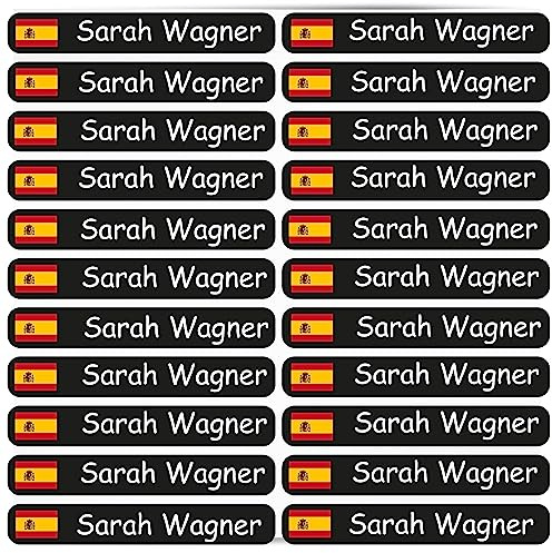 Namnklistermärken – barn – 46 x 7 mm 60 stycken flagga Spanien med önskad text – personlig – namnetiketter – för ungdomar – företag – universitet – skola – barn – förskola