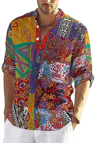 QIVICIMA Camisa henley casual de lino y algodón para hombre, manga larga, a cuadros, hawaiano, floral, playeras, Z2 Ethnic Orange, X-Large