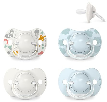 Suavinex, Pack de 4 Chupetes con Tetina Fisiológica de Silicona SX Pro, para Bebés 0-6 Meses, Chupete para Recién Nacido, con Tetina más Plana y Flexible, Respeta el Desarrollo Bucodental, Gris y Azul