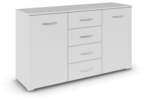 Rauch Möbel Pure by Aditio Kombikommode, Kommode, Sideboard, Schubkastenkommode, 2-türig, 4 Schubkästen, Soft-Close, Farbe Seidengrau, 140x81x42cm