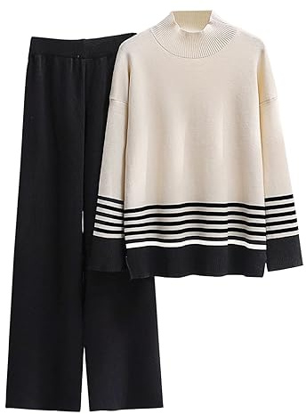 Completo in Maglia Donna Elegante Completi Due Pezzi Lana Polsino Elastico Tute Maglione Maniche Lunghe e Pantalone in Vita a Gamba Larga Tuta Casa Autunnale Invernale Set Tuta Lavorati Larghi