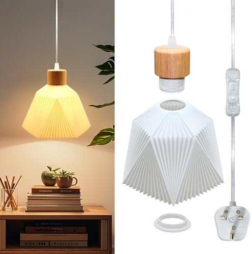 3D Printed Lampshade Plug in Pendant Lighting Kit, 500CM Transparent Cable, Wood E27 Lamp Holder with Switch, Include Multi Sided 3D Lampshade, Plug in Ceiling Light, Modern Hanging Light Cord